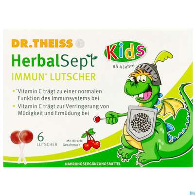 Sie sehen eine Packung Immun Lutscher Kids -dr.theiss Herbalsept 6st, Produktbild: 01 Immun Lutscher Kids -dr.theiss Herbalsept 6st, A-Nr.: 5947862 - 01