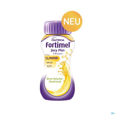 Sie sehen eine Packung Fortimel/jucy Plus Fluessig 200ml Birne Holunder 4st, Produktbild: 09 Fortimel/jucy Plus Fluessig 200ml Birne Holunder 4st, A-Nr.: 5808528 - 09