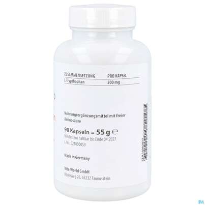 Sie sehen eine Packung L-tryptophan Kapseln 500mg -naturheilp. Vegi 90st, Produktbild: 03 L-tryptophan Kapseln 500mg -naturheilp. Vegi 90st, A-Nr.: 4846604 - 03