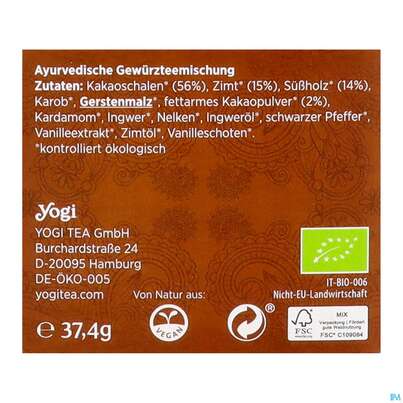 Sie sehen eine Packung Yogi Tea Bio Schoko 37,4g 17st, Produktbild: 06 Yogi Tea Bio Schoko 37,4g 17st, A-Nr.: 5749783 - 06
