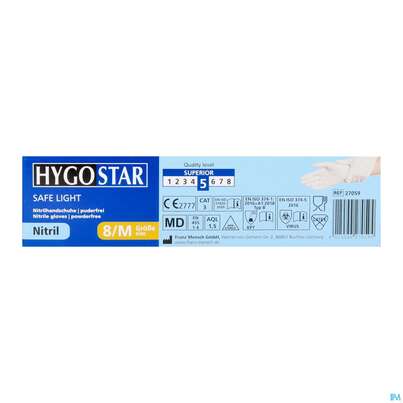 Sie sehen eine Packung Untersuchungshandschuhe Nitril/unsteril Puderfrei/hypoallergen Safe Light Weiss M 27059 100st, Produktbild: 12 Untersuchungshandschuhe Nitril/unsteril Puderfrei/hypoallergen Safe Light Weiss M 27059 100st, A-Nr.: 3049403 - 12