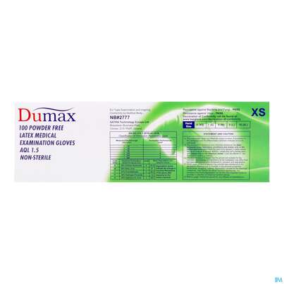 Sie sehen eine Packung Untersuchungshandschuhe -dumax Latex Puderfrei Xs 100st, Produktbild: 06 Untersuchungshandschuhe -dumax Latex Puderfrei Xs 100st, A-Nr.: 2995435 - 06