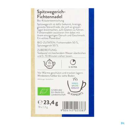 Sie sehen eine Packung Sonnentor Aufgussbeutel/bio Spitzwegerich -fichtennadel 02338 18st, Produktbild: 04 Sonnentor Aufgussbeutel/bio Spitzwegerich -fichtennadel 02338 18st, A-Nr.: 5913136 - 04
