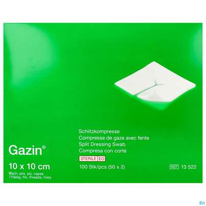 Sie sehen eine Packung Schlitzkompressen Gazin 17faedig Steril 8fach 10x 10cm 50x2 100st, Produktbild: 05 Schlitzkompressen Gazin 17faedig Steril 8fach 10x 10cm 50x2 100st, A-Nr.: 2404411 - 05