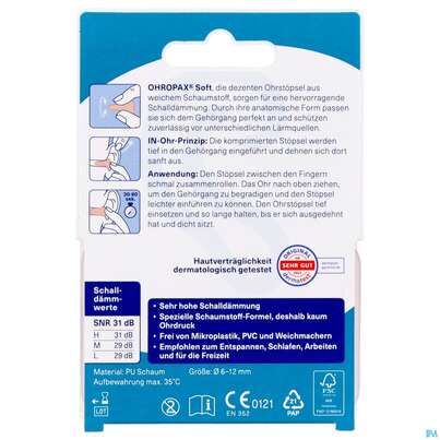 Sie sehen eine Packung Ohrenschutz Ohropax Soft/geraeuscheschutz In Haengeverpackung Pohrs 10st, Produktbild: 03 Ohrenschutz Ohropax Soft/geraeuscheschutz In Haengeverpackung Pohrs 10st, A-Nr.: 5908862 - 03