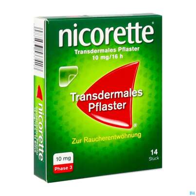 Sie sehen eine Packung Nicorette Transdermales Pflaster 10mg/16h 14st, Produktbild: 02 Nicorette Transdermales Pflaster 10mg/16h 14st, A-Nr.: 3537410 - 02