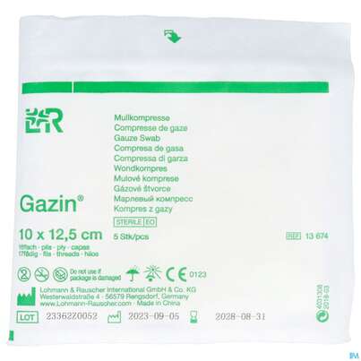 Sie sehen eine Packung Mullkompressen Gazin Baumw.17faedig Steril 16fach 12,5x10cm 5st, Produktbild: 04 Mullkompressen Gazin Baumw.17faedig Steril 16fach 12,5x10cm 5st, A-Nr.: 2570167 - 04