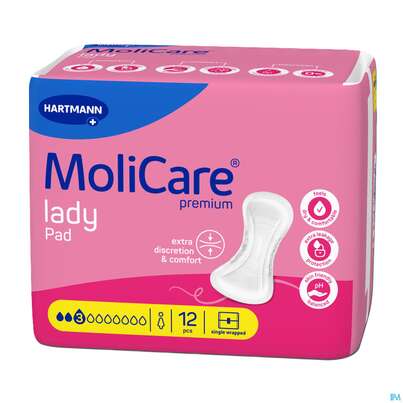 Sie sehen eine Packung Inkontinenz Molicare Premium/lady Pad Tropfen 3 P12 12st, Produktbild: 01 Inkontinenz Molicare Premium/lady Pad Tropfen 3 P12 12st, A-Nr.: 5934003 - 01
