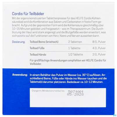 Sie sehen eine Packung Helfe Cordis Kohlensaeurebad Fuer Teilbaeder 8 Tabl 920g 500g Pulver, Produktbild: 03 Helfe Cordis Kohlensaeurebad Fuer Teilbaeder 8 Tabl 920g 500g Pulver, A-Nr.: 5921822 - 03