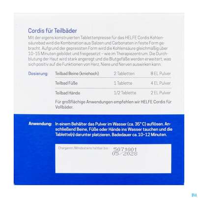 Sie sehen eine Packung Helfe Cordis Kohlensaeurebad Fuer Teilbaeder 8 Tabl 920g 500g Pulver, Produktbild: 04 Helfe Cordis Kohlensaeurebad Fuer Teilbaeder 8 Tabl 920g 500g Pulver, A-Nr.: 5921822 - 04