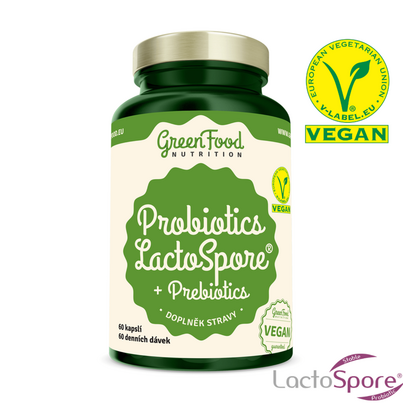 Sie sehen eine Packung GreenFood Nutrition Probiotika LactoSpore® + Prebiotics 60 Kapseln, Produktbild: 01 GreenFood Nutrition Probiotika LactoSpore® + Prebiotics 60 Kapseln, A-Nr.: 5634850 - 01