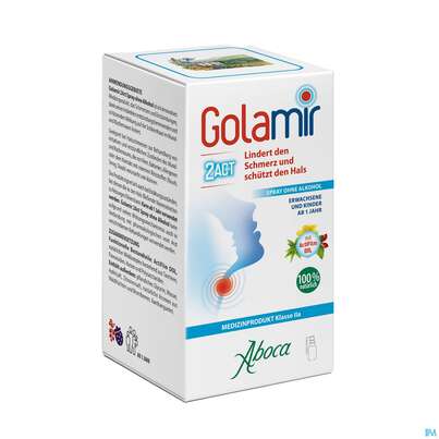 Sie sehen eine Packung Aboca Golamir 2act Spray Ohne Alkohol Halsschmerzen Ab 1jahr 30ml, Produktbild: 02 Aboca Golamir 2act Spray Ohne Alkohol Halsschmerzen Ab 1jahr 30ml, A-Nr.: 5571894 - 02