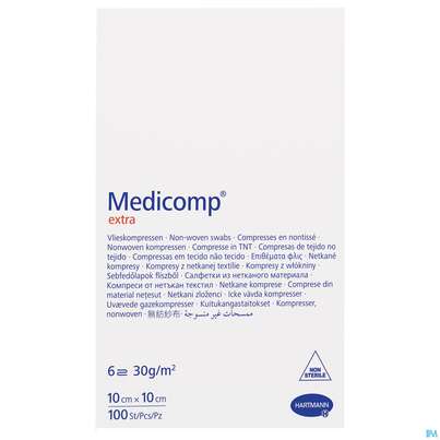 Sie sehen eine Packung Kompressen Medicomp/extra Vliesstoff 6fach Unsteril 10x 10cm 100st, Produktbild: 02 Kompressen Medicomp/extra Vliesstoff 6fach Unsteril 10x 10cm 100st, A-Nr.: 1652101 - 02