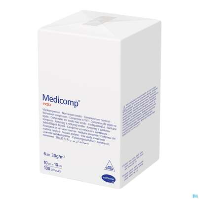 Sie sehen eine Packung Kompressen Medicomp/extra Vliesstoff 6fach Unsteril 10x 10cm 100st, Produktbild: 03 Kompressen Medicomp/extra Vliesstoff 6fach Unsteril 10x 10cm 100st, A-Nr.: 1652101 - 03
