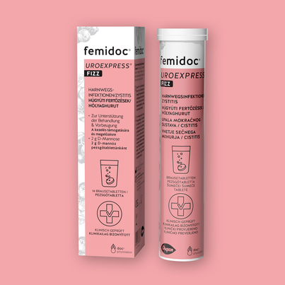 Sie sehen eine Packung femidoc UROEXPRESS FIZZ Brausetabletten, Produktbild: 02 femidoc UROEXPRESS FIZZ Brausetabletten, A-Nr.: 5876889 - 02