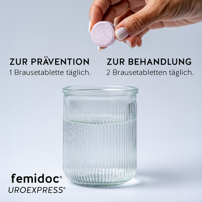 Sie sehen eine Packung femidoc UROEXPRESS FIZZ Brausetabletten, Produktbild: 08 femidoc UROEXPRESS FIZZ Brausetabletten, A-Nr.: 5876889 - 08