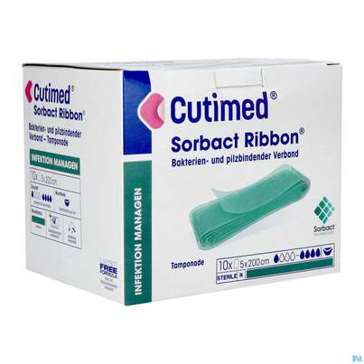 Sie sehen eine Packung Tamponaden Cutimed/sorbact Ribbon 5x200cm Nr 72 10st, Produktbild: 02 Tamponaden Cutimed/sorbact Ribbon 5x200cm Nr 72 10st, A-Nr.: 2996096 - 02