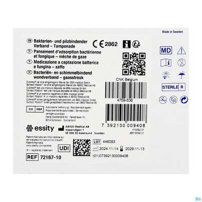 Sie sehen eine Packung Tamponaden Cutimed/sorbact Ribbon 5x200cm Nr 72 10st, Produktbild: 03 Tamponaden Cutimed/sorbact Ribbon 5x200cm Nr 72 10st, A-Nr.: 2996096 - 03