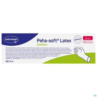 Sie sehen eine Packung Untersuchungshandschuhe Latex Unsteril Peha/soft Comfort Puderfrei L 100st, Produktbild: 01 Untersuchungshandschuhe Latex Unsteril Peha/soft Comfort Puderfrei L 100st, A-Nr.: 5890671 - 01