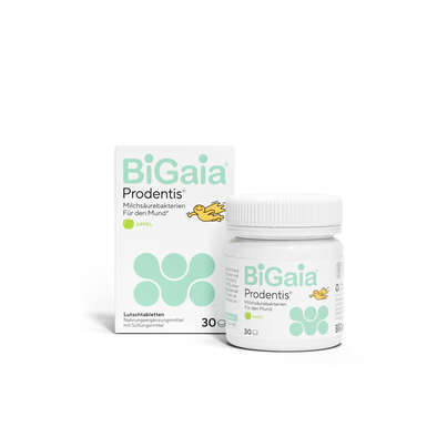Sie sehen eine Packung BiGaia® Prodentis® Lutschtabletten, Produktbild: 01 BiGaia® Prodentis® Lutschtabletten, A-Nr.: 6022379 - 01