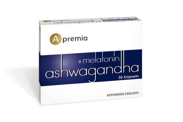 Sie sehen eine Packung Apremia Ashwagandha + Melatonin, Produktbild: 01 Apremia Ashwagandha + Melatonin, A-Nr.: 5240447 - 01