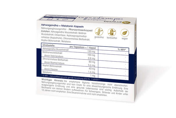 Sie sehen eine Packung Apremia Ashwagandha + Melatonin, Produktbild: 02 Apremia Ashwagandha + Melatonin, A-Nr.: 5240447 - 02