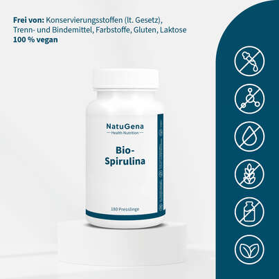 Sie sehen eine Packung NatuGena Bio-Spirulina Presslinge, Produktbild: 03 NatuGena Bio-Spirulina Presslinge, A-Nr.: 5926877 - 03