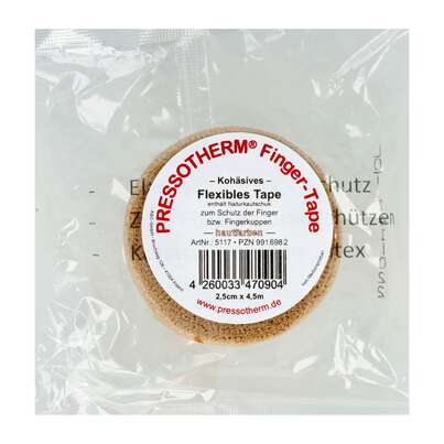 Sie sehen eine Packung Tape Pressotherm/finger-tape Flexibel Kohaesive 2,5cmx 4,5m Hautfarben 1st, Produktbild: 01 Tape Pressotherm/finger-tape Flexibel Kohaesive 2,5cmx 4,5m Hautfarben 1st, A-Nr.: 4250946 - 01