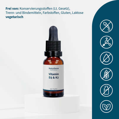 Sie sehen eine Packung NatuGena Vitamin D3 + K2 Tropfen, Produktbild: 03 NatuGena Vitamin D3 + K2 Tropfen, A-Nr.: 5699602 - 03