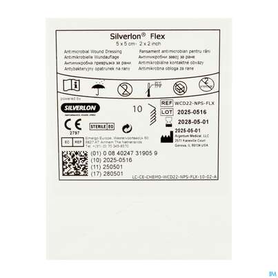 Sie sehen eine Packung Wundauflagen Silverlon Flex Dressing 5x 5cm Wcd22-nps-flx 10st, Produktbild: 01 Wundauflagen Silverlon Flex Dressing 5x 5cm Wcd22-nps-flx 10st, A-Nr.: 5355883 - 01