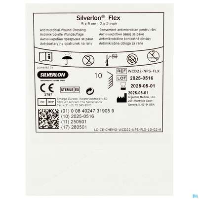 Sie sehen eine Packung Wundauflagen Silverlon Flex Dressing 5x 5cm Wcd22-nps-flx 10st, Produktbild: 02 Wundauflagen Silverlon Flex Dressing 5x 5cm Wcd22-nps-flx 10st, A-Nr.: 5355883 - 02