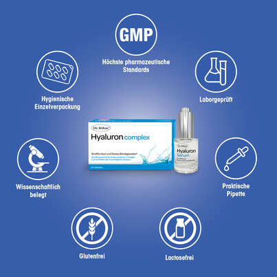 Sie sehen eine Packung Dr. Böhm Hyaluron complex Tabletten + Hyaluron Serum, Produktbild: 04 Dr. Böhm Hyaluron complex Tabletten + Hyaluron Serum, A-Nr.: 4835552 - 04