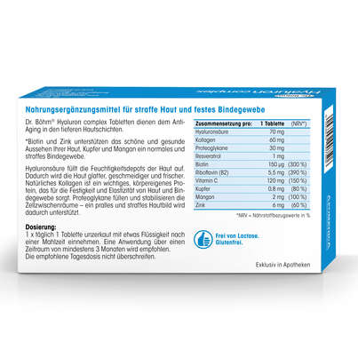 Sie sehen eine Packung Dr. Böhm Hyaluron complex Tabletten + Hyaluron Serum, Produktbild: 06 Dr. Böhm Hyaluron complex Tabletten + Hyaluron Serum, A-Nr.: 4835552 - 06