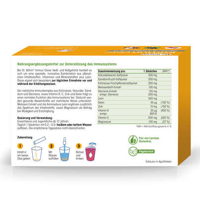 Sie sehen eine Packung Dr. Böhm Immun Elixier Trinkpulver, Produktbild: 06 Dr. Böhm Immun Elixier Trinkpulver, A-Nr.: 5377011 - 06