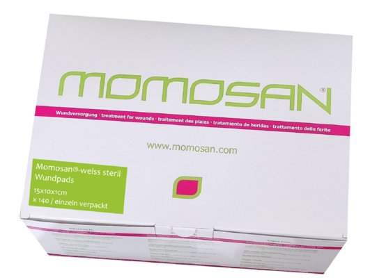 Sie sehen eine Packung MOMOSAN-weiss steril Wund-Pads 15x10x1cm 140 Stück, Produktbild: 01 MOMOSAN-weiss steril Wund-Pads 15x10x1cm 140 Stück, A-Nr.: 3995058 - 01