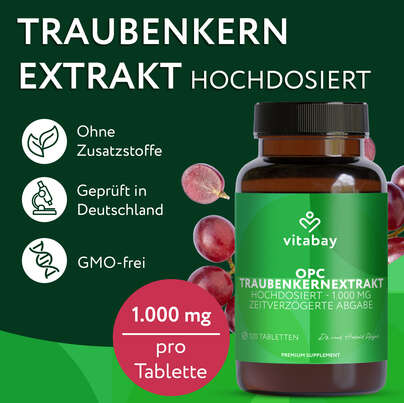 Sie sehen eine Packung Vitabay OPC Traubenkernextrakt Hochdosiert - 1000 MG, Produktbild: 03 Vitabay OPC Traubenkernextrakt Hochdosiert - 1000 MG, A-Nr.: 6049266 - 03
