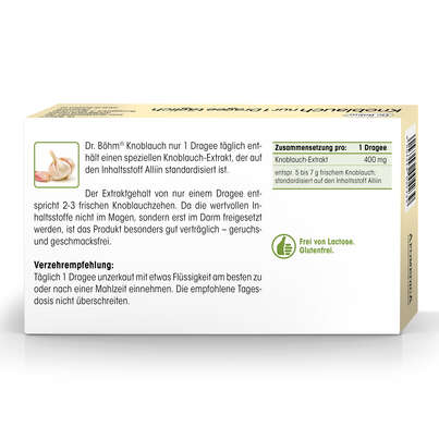 Sie sehen eine Packung Dr. Böhm Knoblauch nur 1 Dragee täglich, Produktbild: 06 Dr. Böhm Knoblauch nur 1 Dragee täglich, A-Nr.: 2552442 - 06