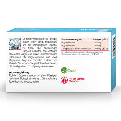 Sie sehen eine Packung Dr. Böhm Magnesium nur 1 Dragee täglich, Produktbild: 06 Dr. Böhm Magnesium nur 1 Dragee täglich, A-Nr.: 2576075 - 06