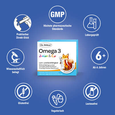 Sie sehen eine Packung Dr. Böhm Junior Omega 3 Sticks, Produktbild: 04 Dr. Böhm Junior Omega 3 Sticks, A-Nr.: 4143357 - 04