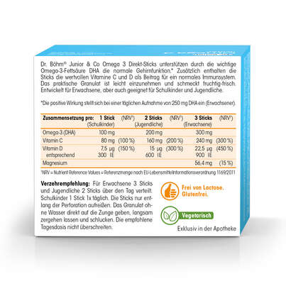 Sie sehen eine Packung Dr. Böhm Junior Omega 3 Sticks, Produktbild: 06 Dr. Böhm Junior Omega 3 Sticks, A-Nr.: 4143357 - 06