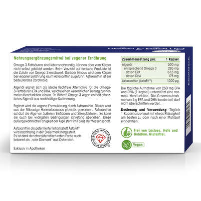 Sie sehen eine Packung Dr. Böhm® Omega 3 vegan, Produktbild: 06 Dr. Böhm® Omega 3 vegan, A-Nr.: 5711013 - 06