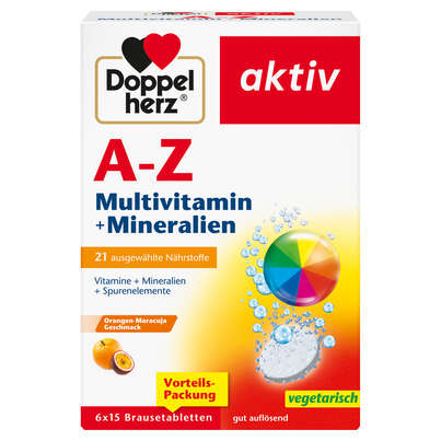 Sie sehen eine Packung Doppelherz A-Z Brausetabletten Multivitamin + Mineralien, Produktbild: 01 Doppelherz A-Z Brausetabletten Multivitamin + Mineralien, A-Nr.: 5886149 - 01
