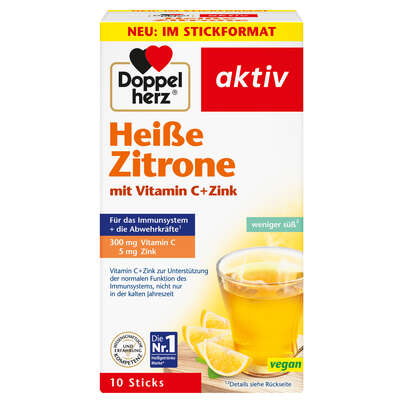Sie sehen eine Packung Doppelherz Heiße Zitrone mit Vitamin C + Zink, Produktbild: 01 Doppelherz Heiße Zitrone mit Vitamin C + Zink, A-Nr.: 5679396 - 01
