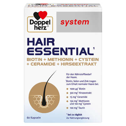 Sie sehen eine Packung Doppelherz system HAIR ESSENTIAL¹, Produktbild: 01 Doppelherz system HAIR ESSENTIAL¹, A-Nr.: 6027460 - 01