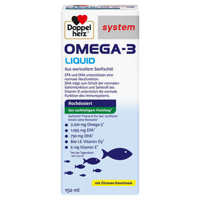 Sie sehen eine Packung Doppelherz system OMEGA-3 LIQUID Herzfunktion + Immunsystem, Produktbild: 01 Doppelherz system OMEGA-3 LIQUID Herzfunktion + Immunsystem, A-Nr.: 5677546 - 01