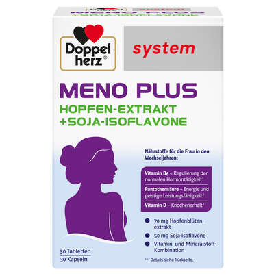 Sie sehen eine Packung Doppelherz system Meno Plus, Produktbild: 01 Doppelherz system Meno Plus, A-Nr.: 5969094 - 01