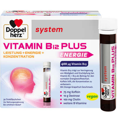 Sie sehen eine Packung Doppelherz system VITAMIN B12 PLUS - LEISTUNG + ENERGIE + KONZENTRATION, Produktbild: 01 Doppelherz system VITAMIN B12 PLUS - LEISTUNG + ENERGIE + KONZENTRATION, A-Nr.: 3998909 - 01