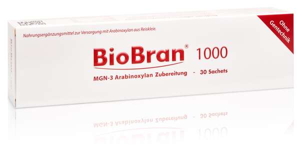 Sie sehen eine Packung BioBran® 1000 mit Reisekleiearabinoxylan (Monatspackung), Produktbild: 01 BioBran® 1000 mit Reisekleiearabinoxylan (Monatspackung), A-Nr.: 5960584 - 01