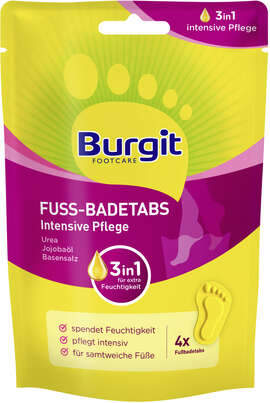 Sie sehen eine Packung Burgit Fußbadetabs Intens. Pflege 4x20g, Produktbild: 01 Burgit Fußbadetabs Intens. Pflege 4x20g, A-Nr.: 6118205 - 01