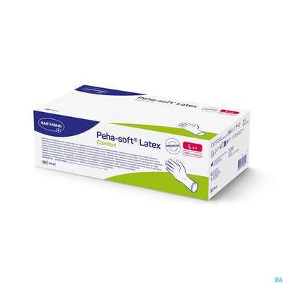 Sie sehen eine Packung Untersuchungshandschuhe Latex Unsteril Peha/soft Comfort Puderfrei L 100st, Produktbild: 02 Untersuchungshandschuhe Latex Unsteril Peha/soft Comfort Puderfrei L 100st, A-Nr.: 5890671 - 02
